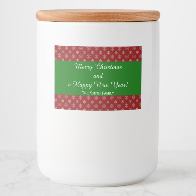 Red and White Snowflakes Pattern Food Label (Front)