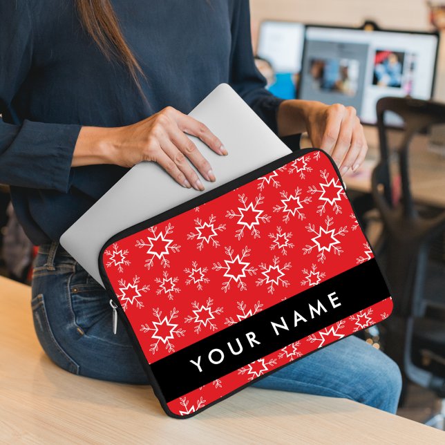 Red and White Snowflakes, Your name, Personalise Laptop Sleeve (Creator Uploaded)