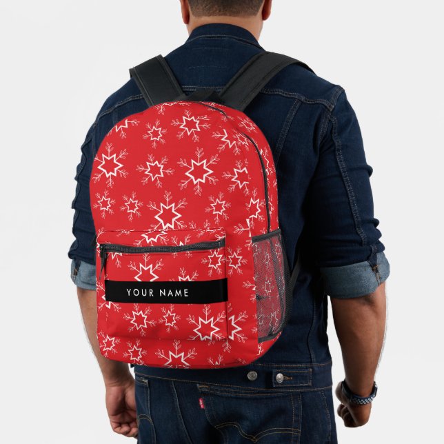 Red and White Snowflakes, Your name, Personalise Printed Backpack (Insitu (Model))