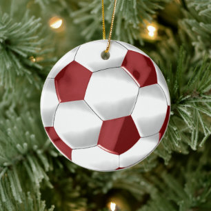 Red and White Soccer Ball Ceramic Tree Decoration