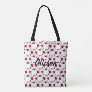Red and White Soccer Balls with Name Tote Bag