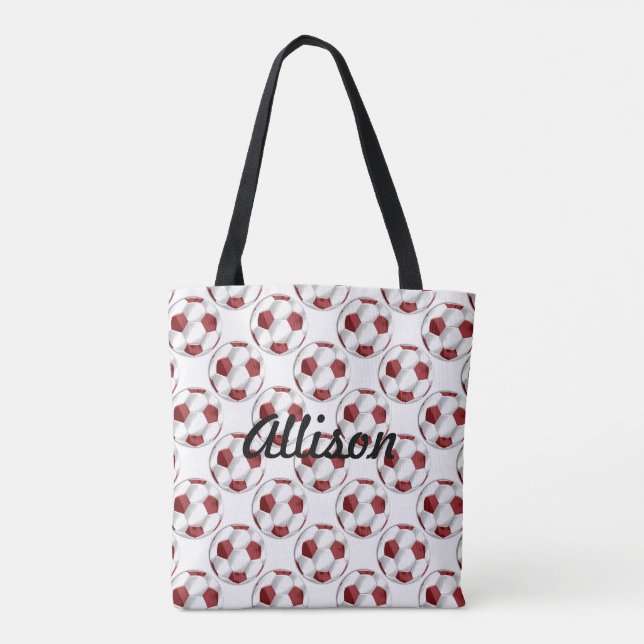 Red and White Soccer Balls with Name Tote Bag (Back)