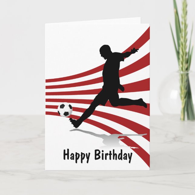 Red and White Soccer Player Happy Birthday Card (Front)