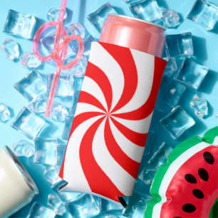 Red and white spiral print seltzer can cooler