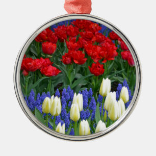 Red and white spring tulips metal tree decoration