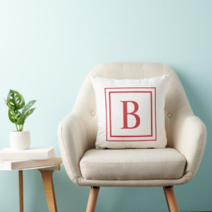 Red And White Square Border Monogram Cushion