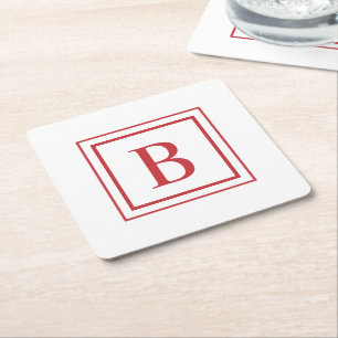 Red And White Square Border Monogram Paper Coaster