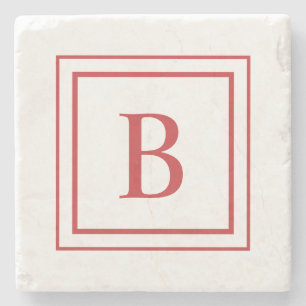Red And White Square Border Monogram Stone Coaster