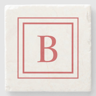 Red And White Square Border Monogram Stone Coaster