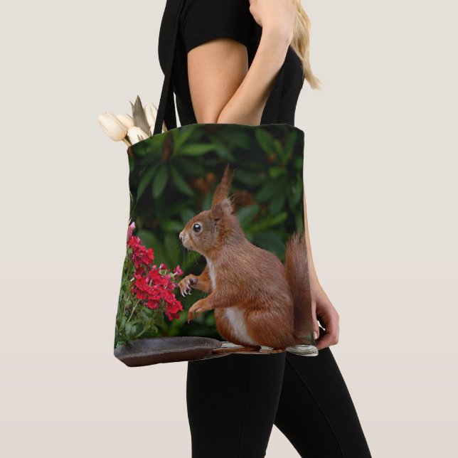 Red and White Squirrel with Red Flower Bush Tote Bag (Close Up)