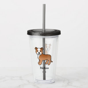 Red And White Staffie Cute Cartoon Dog & Name Acrylic Tumbler