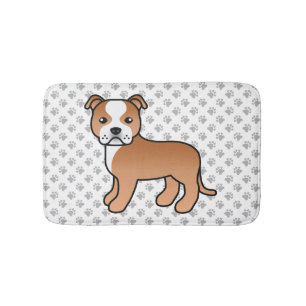 Red And White Staffie Cute Cartoon Dog & Paws Bath Mat