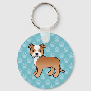 Red And White Staffordshire Bull Terrier Dog Blue Key Ring