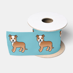 Red And White Staffordshire Bull Terrier Dog Blue Satin Ribbon