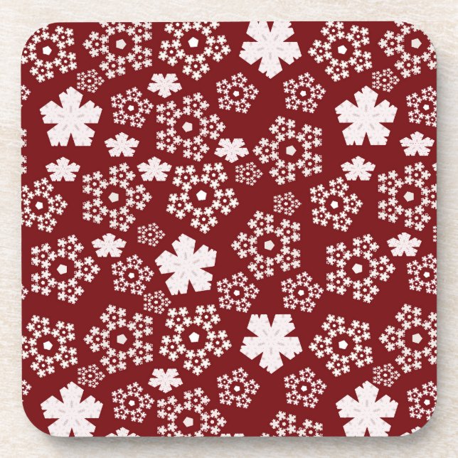 Red and White Star and Snowflake Winter Pattern Coaster (Front)