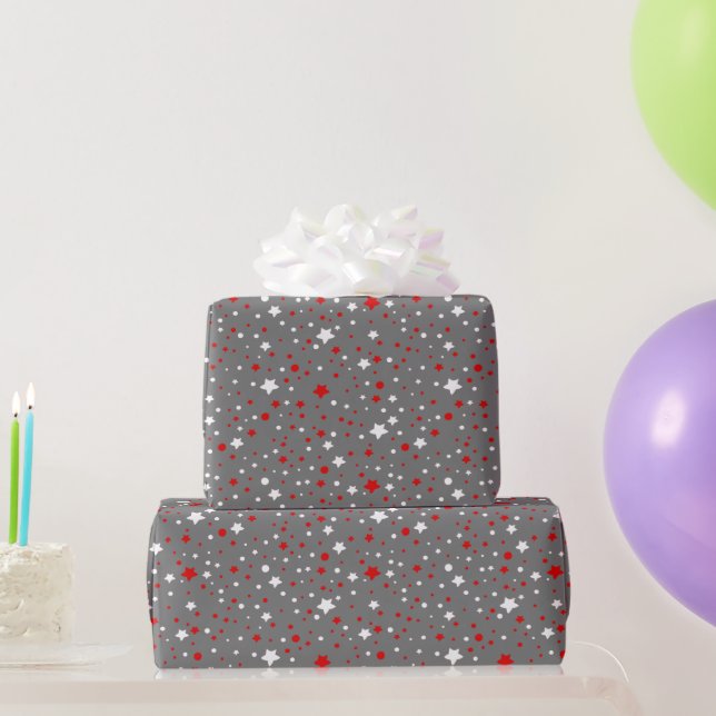 Red and White Stars On Grey Wrapping Paper (Party Gifts)