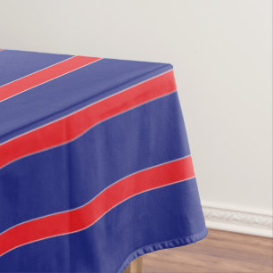 Red and white stripe on navy blue tablecloth