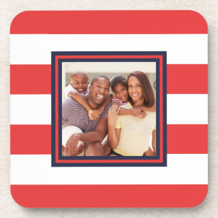 Red and White Stripe Pattern with Photo Coaster