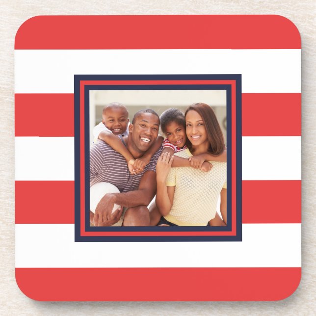Red and White Stripe Pattern with Photo Coaster (Front)