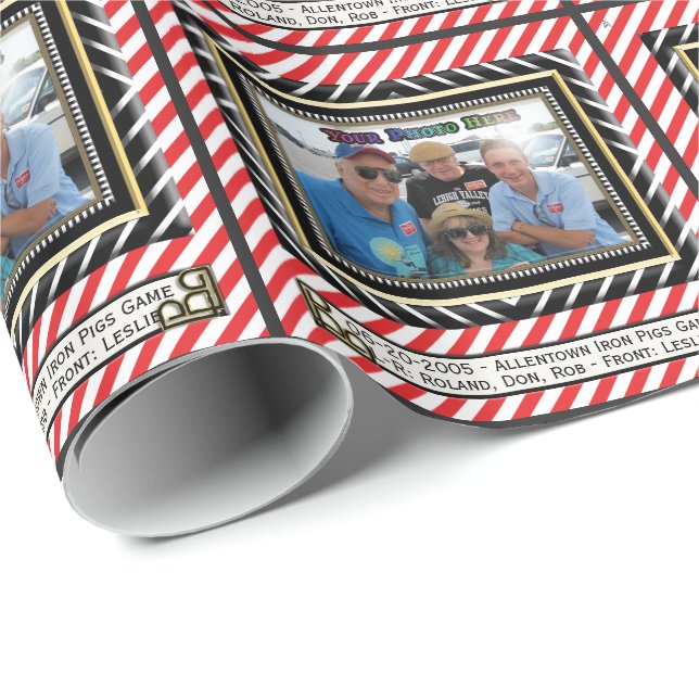 Red and White Stripe Photo Frame (Personalised) Wrapping Paper (Roll Corner)