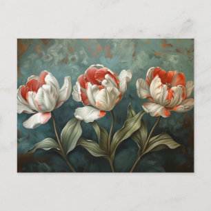 Red and White Stripe Tulips Botanical Oil Painting Postcard