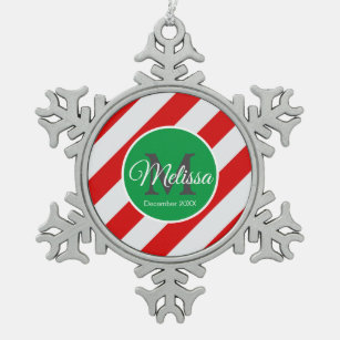 Red and white stripe with name  snowflake pewter christmas ornament