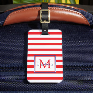 Red and White Stripe With Navy Blue Monogram Luggage Tag