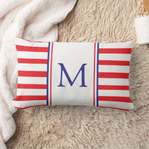 Red and White Stripe With Navy Blue Monogram Lumbar Cushion