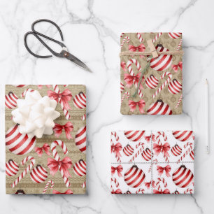 Red and White Striped Balls and Candy Canes Wrapping Paper Sheet