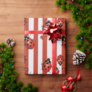 Red and White Striped Ladybug Wrapping Paper