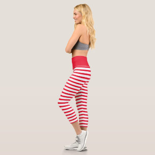 Red and White Striped Pattern Capri Leggings