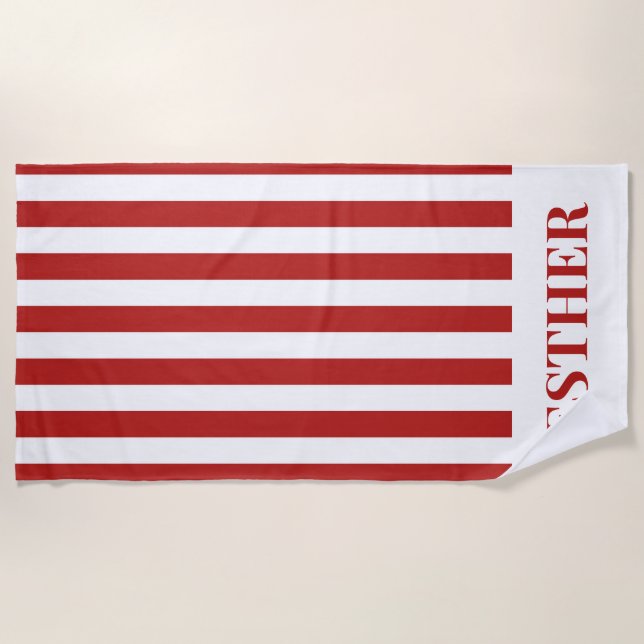 Red and White Striped Personalised Cabana Beach  Towel (Front)