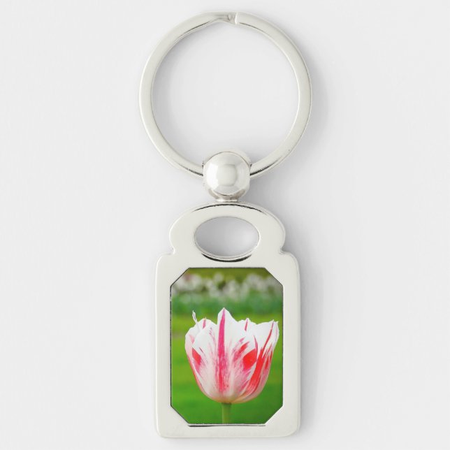 Red and White Striped Tulip  Key Ring (Front)