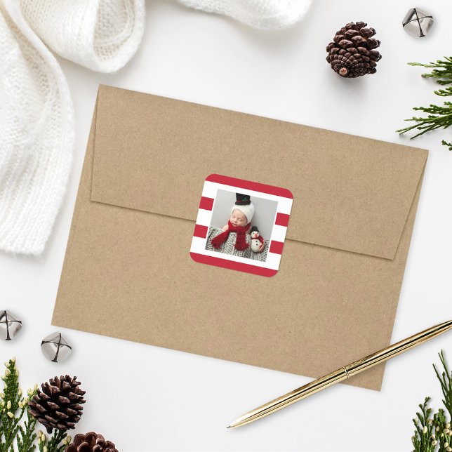 Red and White Stripes Holiday Photo Square Sticker (Creator Uploaded)