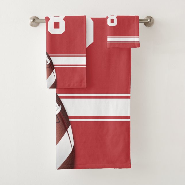 Red and White Stripes Jersey Football Bath Towel Set (Insitu)