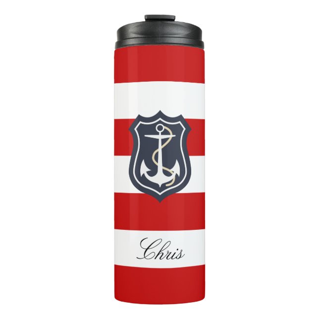 Red and White Stripes Nautical with Your Name Thermal Tumbler (Front)