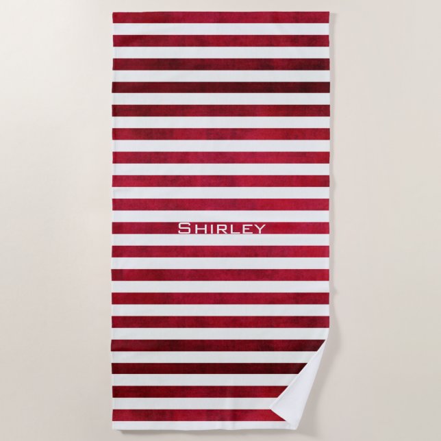 Red and White Stripes on Fabric Texture by STaylor Beach Towel (Front)
