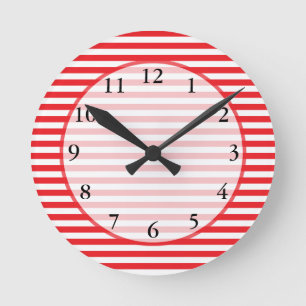 Red and White Stripes Pattern Round Clock