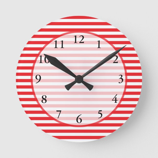 Red and White Stripes Pattern Round Clock (Front)