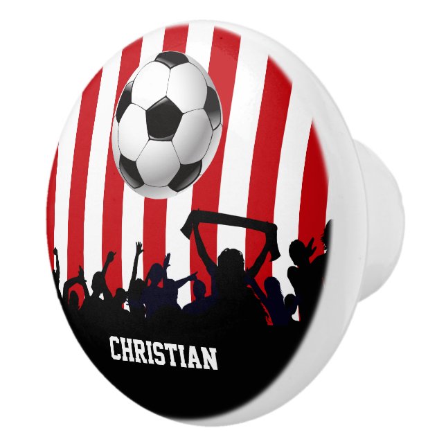 Red and White stripes Soccer Fans and football Ceramic Knob (Right)