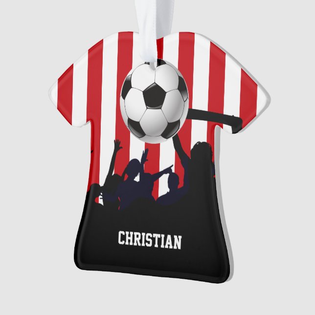 Red and White Stripes Soccer Fans and Football Ornament (Front)