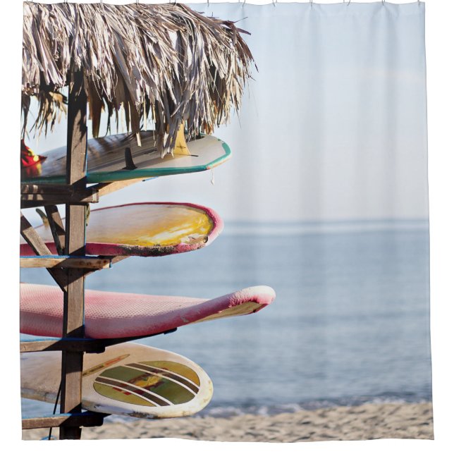 Red and white surfboard in brown wooden rack shower curtain (Front)