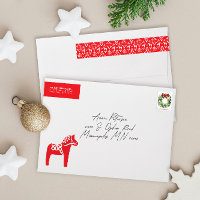 Red and White Swedish Dala Horse Return Address