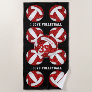 red and white team colours I love volleyball girly Beach Towel