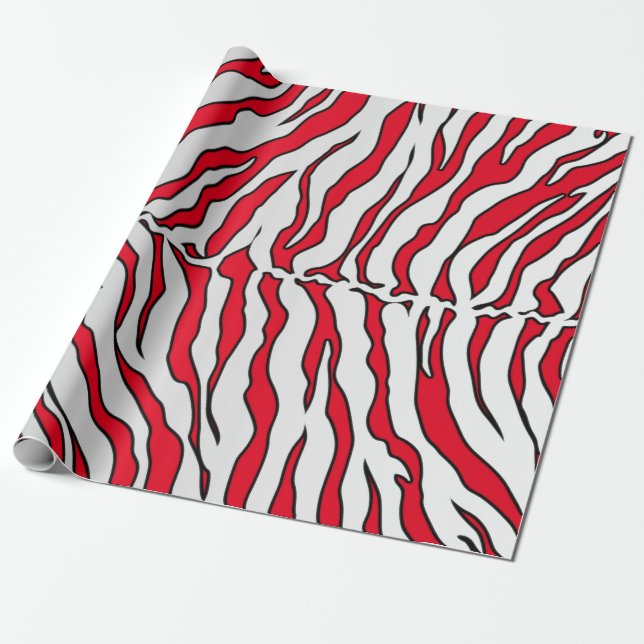 Red And White Tiger Stripes Animal Print Wrapping Paper (Unrolled)