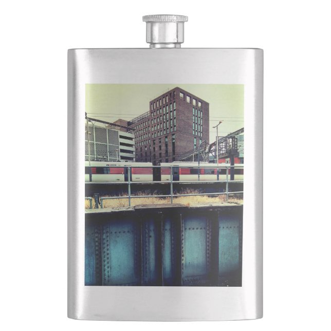 Red and white train hip flask (Front)