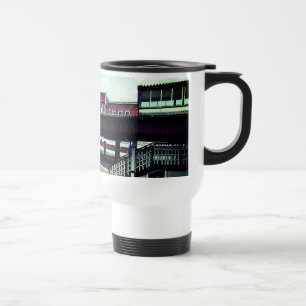 Red and white train travel mug