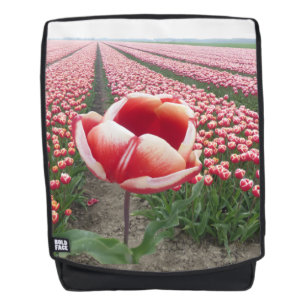 Red and White Tulip on Tulips Field Adult Backpack