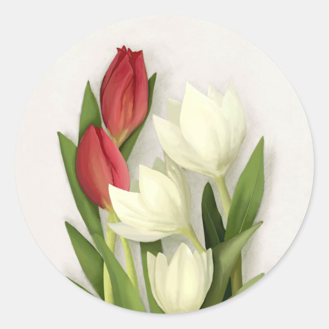 Red and White Tulips Floral Classic Round Sticker (Front)