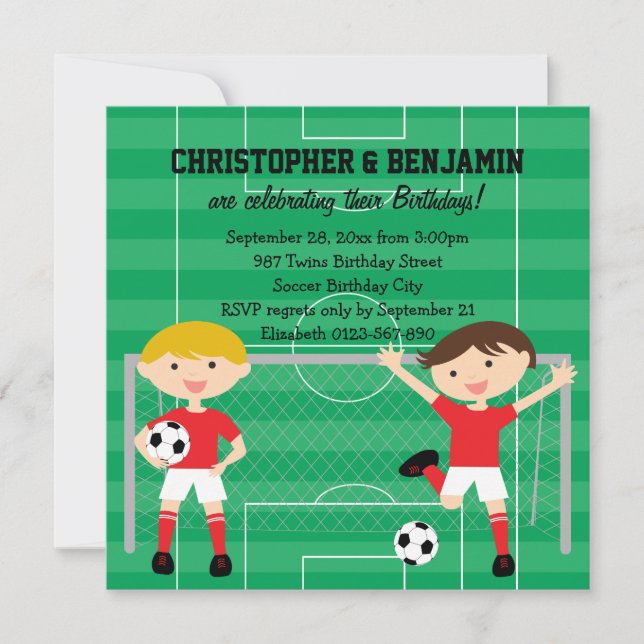 Red and White Twin Boys Soccer v2 Birthday Party Invitation (Front)